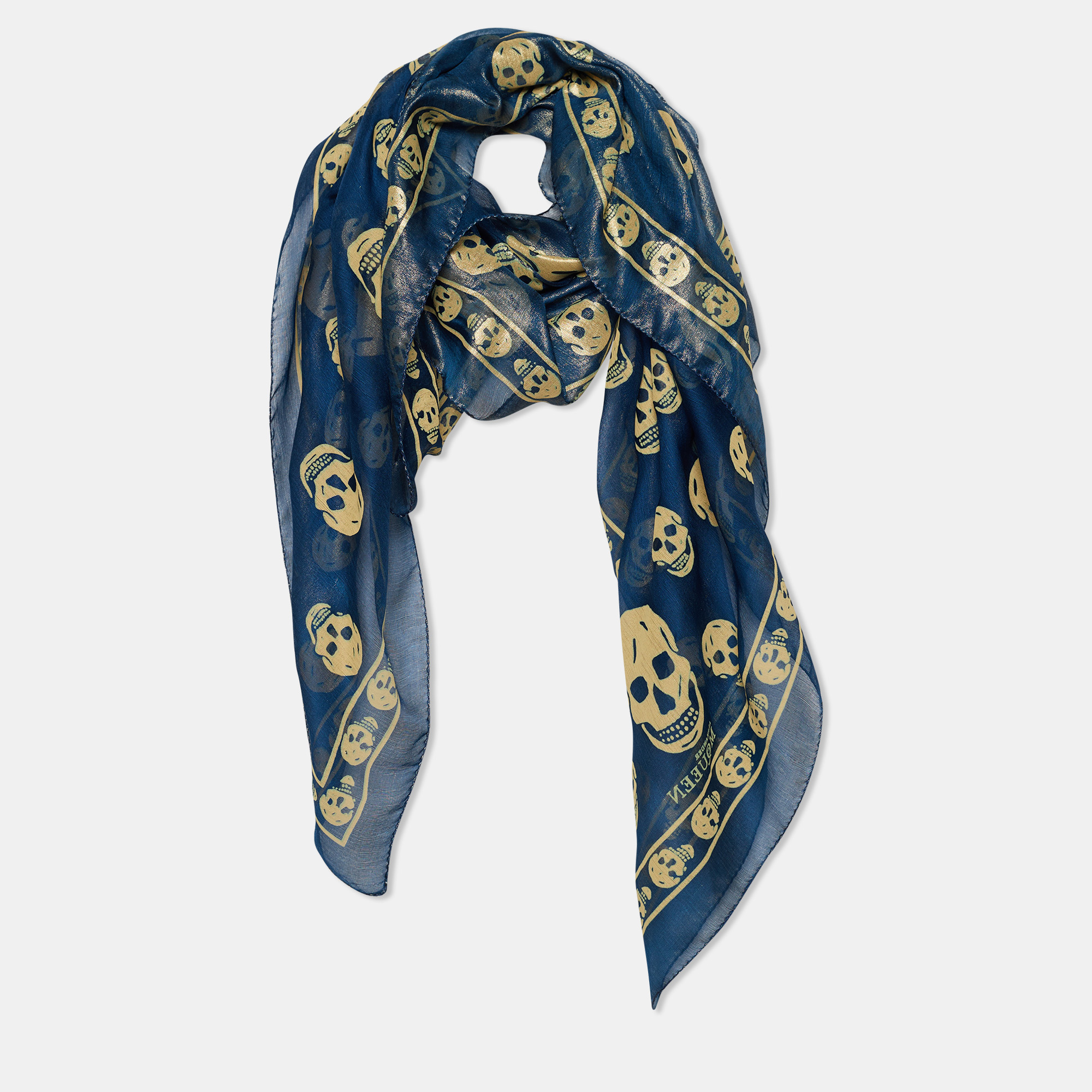 

Alexander McQueen Teal Blue Skull Printed Lurex Silk Scarf