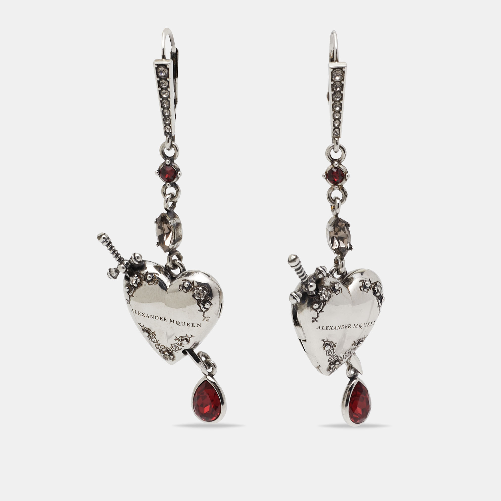 

Alexander McQueen Heart Dagger Crystals Silver Tone Long Earrings