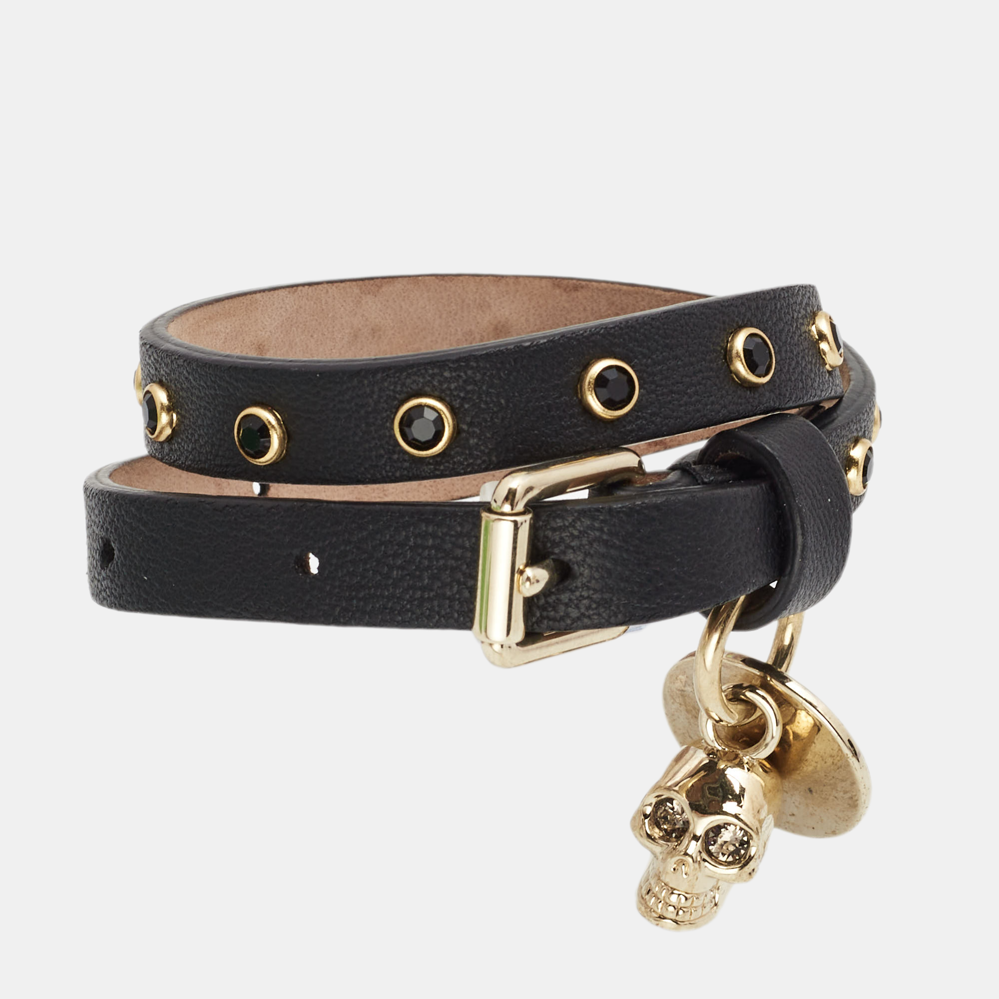 

Alexander McQueen Skull Charm Studded Black Leather Wrap Bracelet