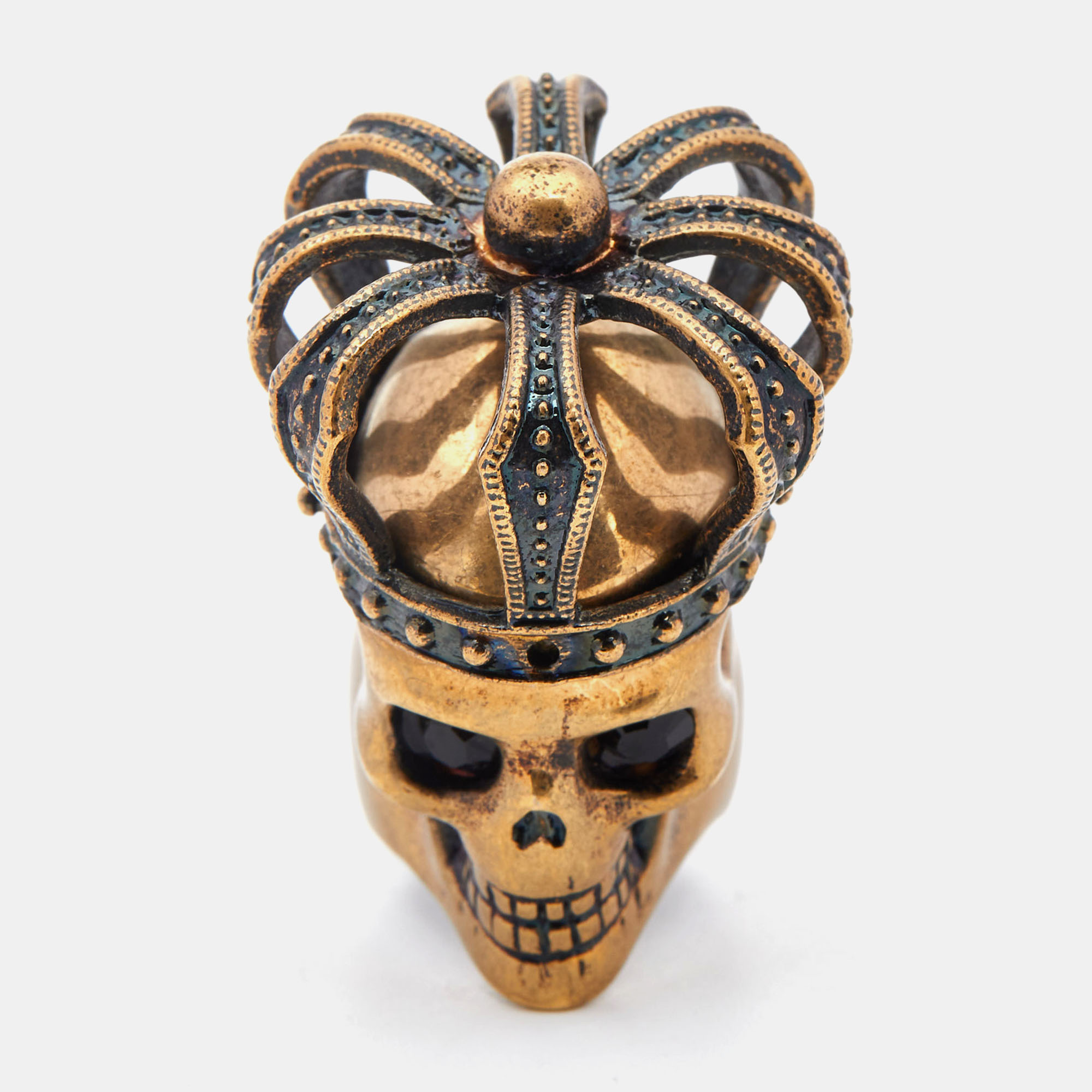 

Alexander McQueen Gold Tone Crystal Eye Skull & Crown Ring Size