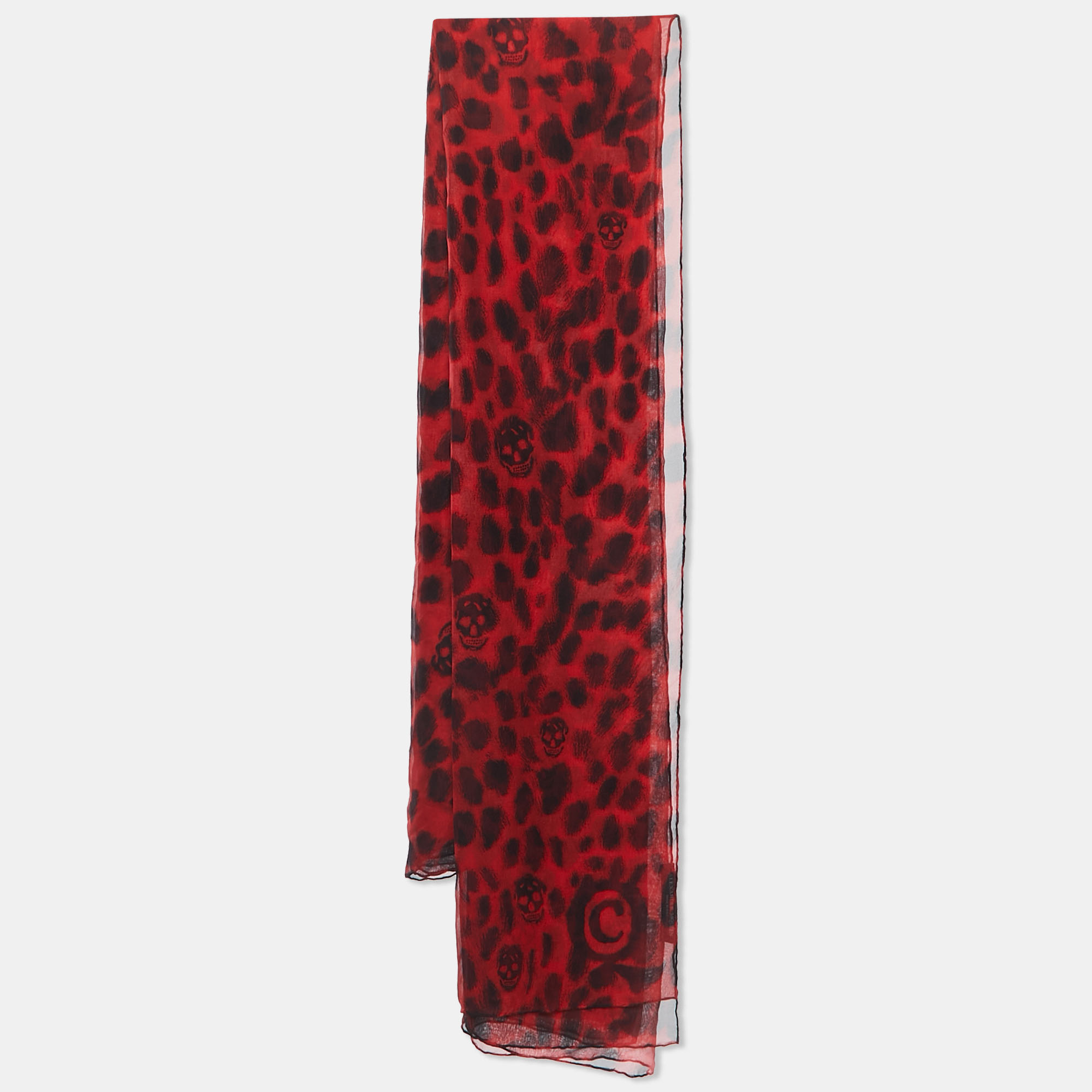 Pre-owned Alexander Mcqueen Red Animal & Skull Printed Silk Square Scarf