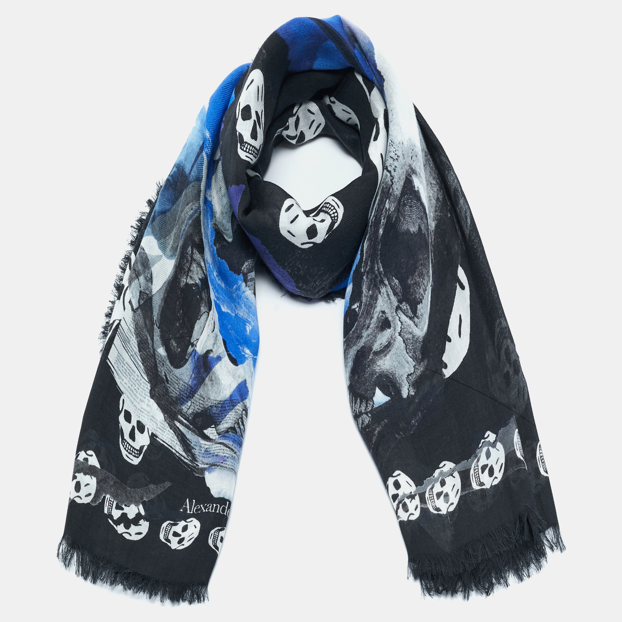 

Alexander McQueen Black Rose Skull Print Wool & Modal Scarf