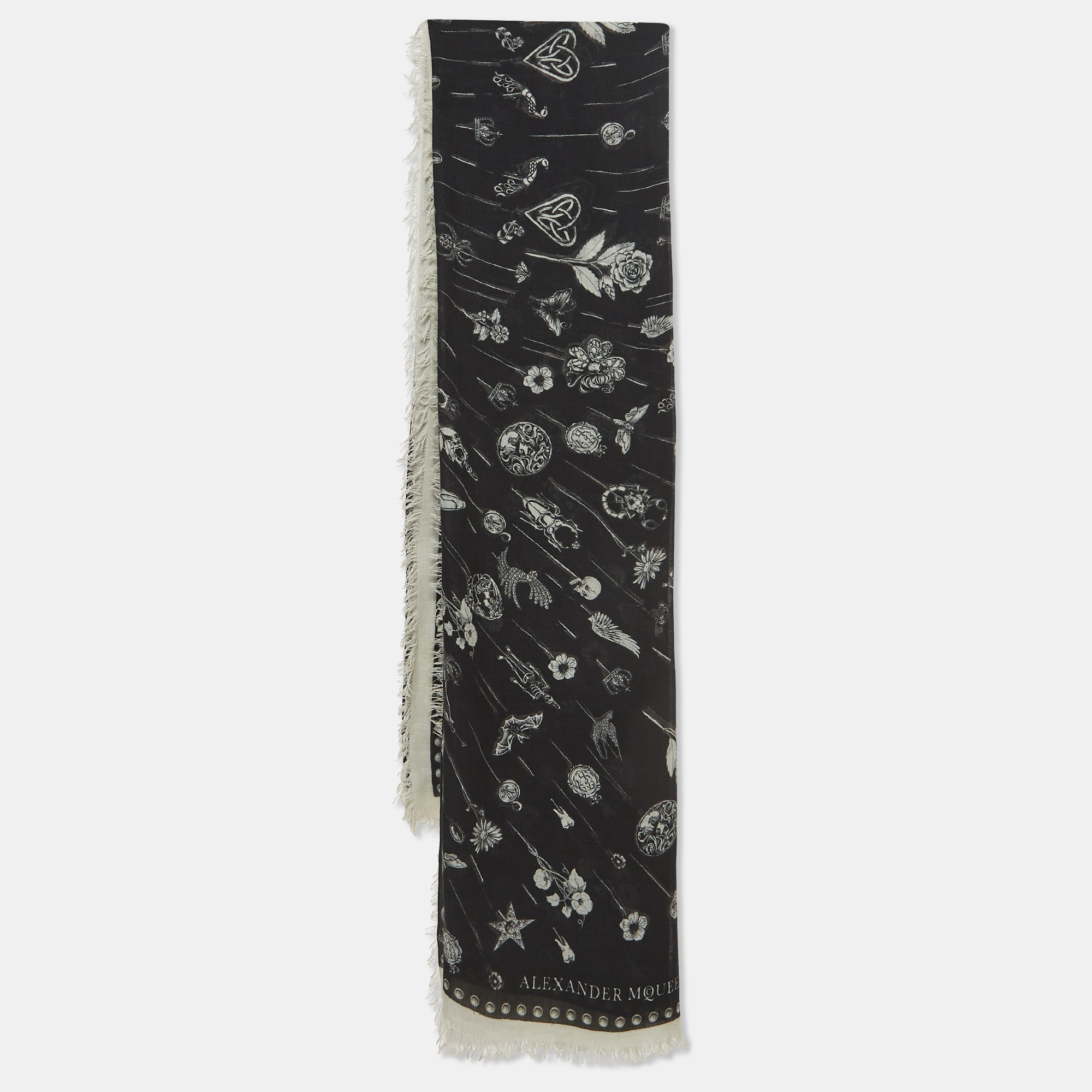 

Alexander McQueen Black Butterfly Skull Print Modal and Wool Scarf