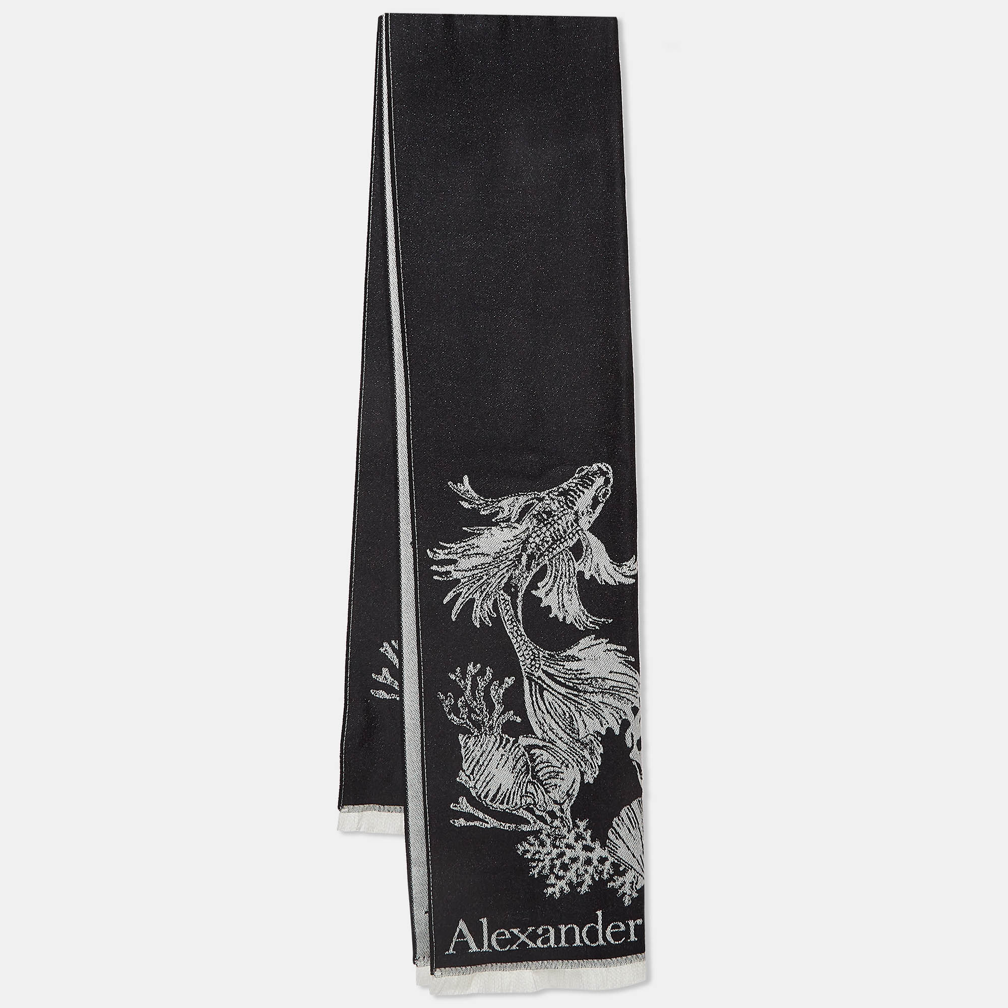 

Alexander McQueen Black Skull Intarsia Wool Fringed Scarf