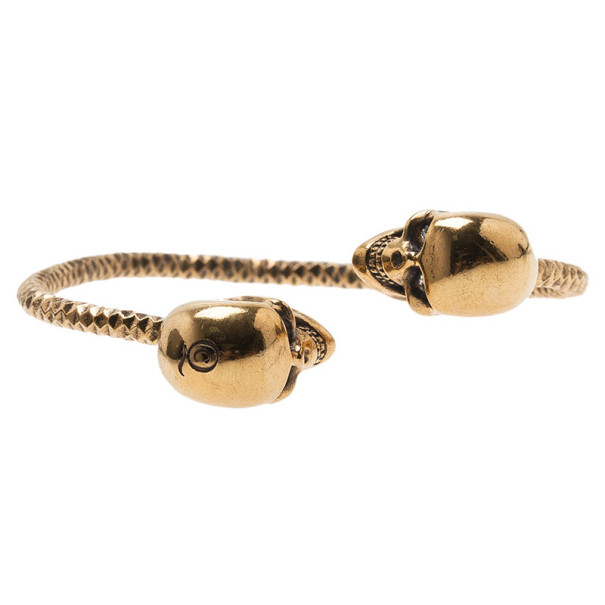 Pre Owned Alexander McQueen Gold Tone Crystal Twin Skull Bangle