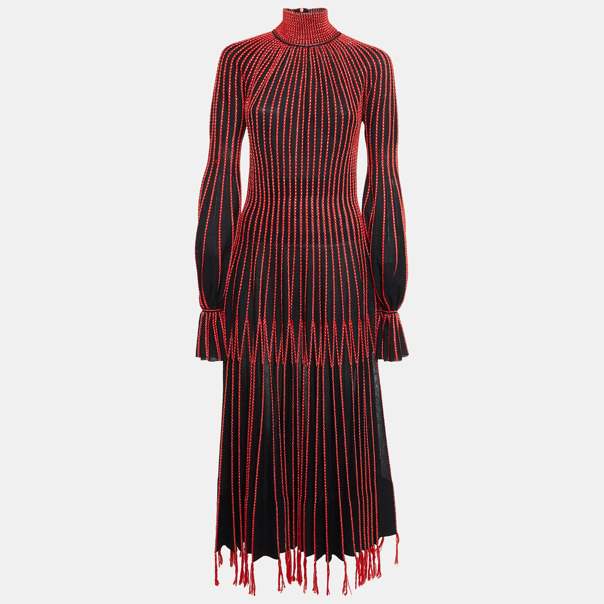 

Alexander McQueen Black/Red Stripe Knit Plisse Midi Dress M