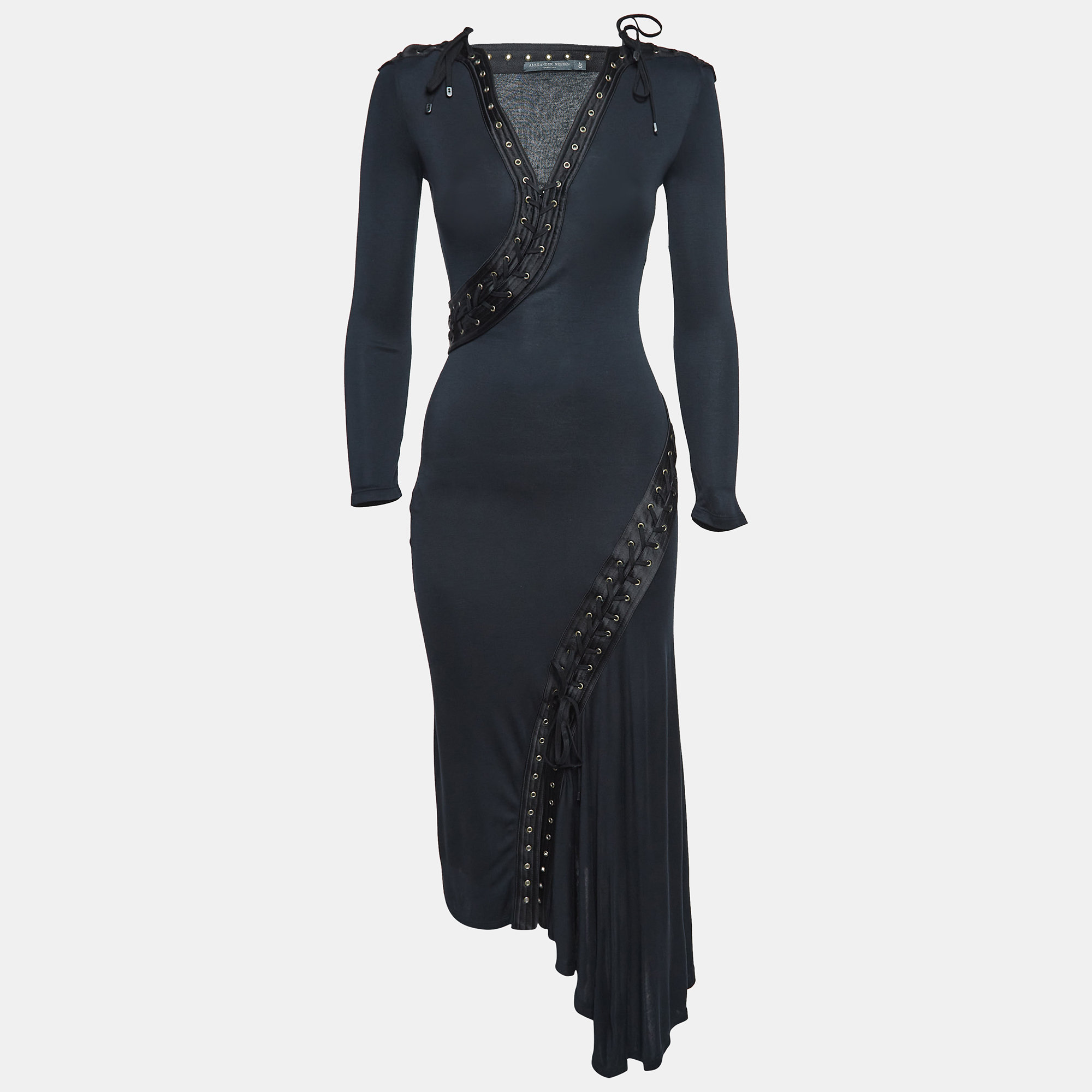 

Alexander McQueen Black Jersey Lace-Up Detail Midi Dress S