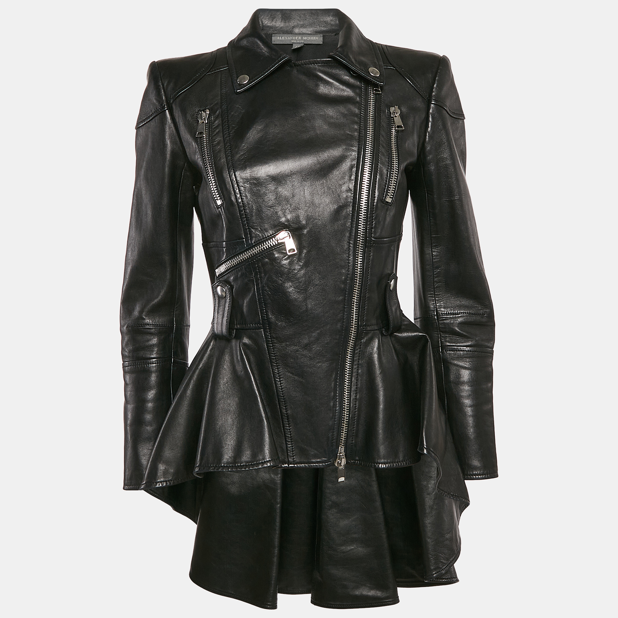 

Alexander McQueen Black Leather Zip-Up Asymmetric Jacket M