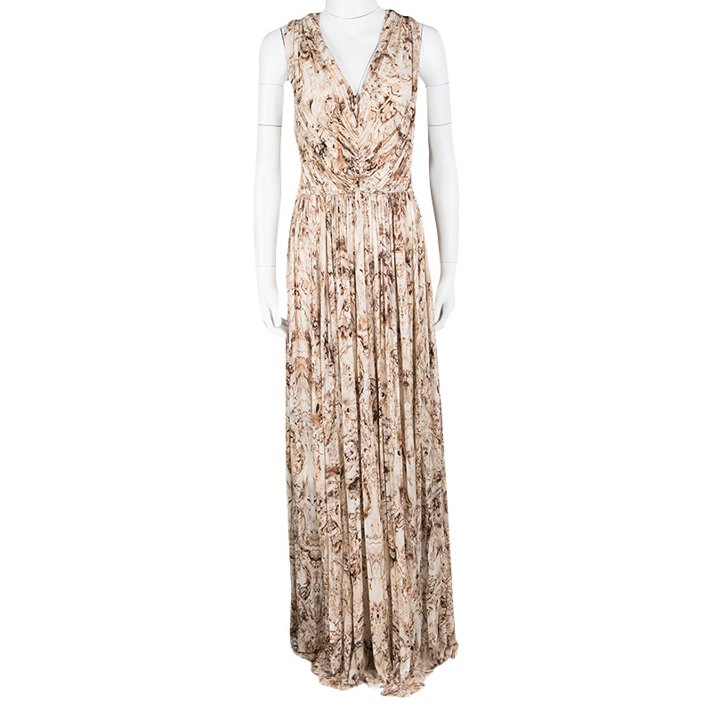 

Alexander McQueen Multicolor Printed Ruched Drape Detail Sleeveless Maxi Dress