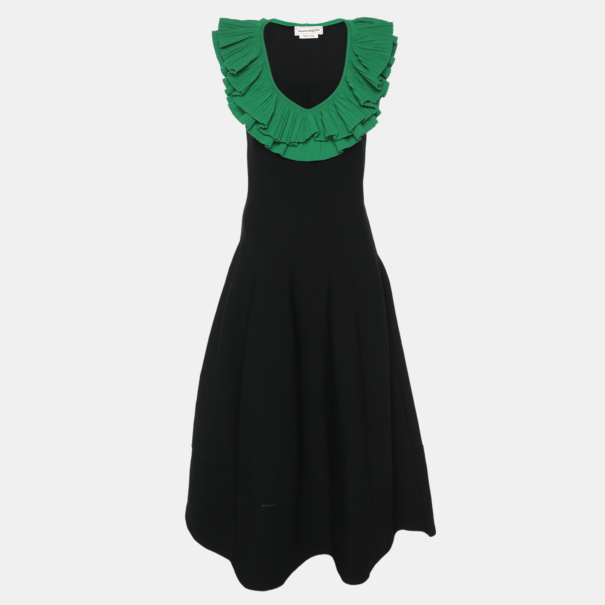 

Alexander McQueen Black/Green Jersey Flounced Plunge Neck Dress S