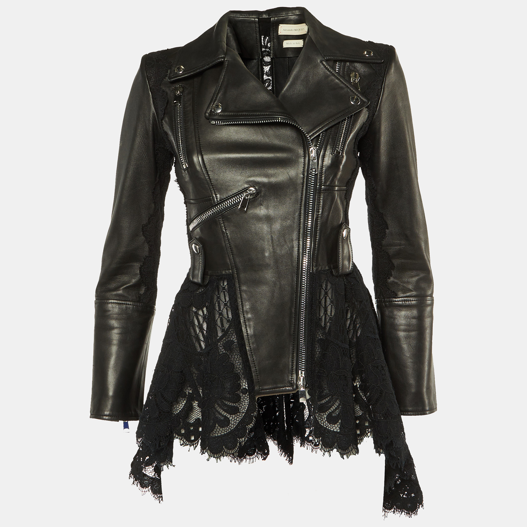 

Alexander McQueen Black Leather & Lace Peplum Jacket S
