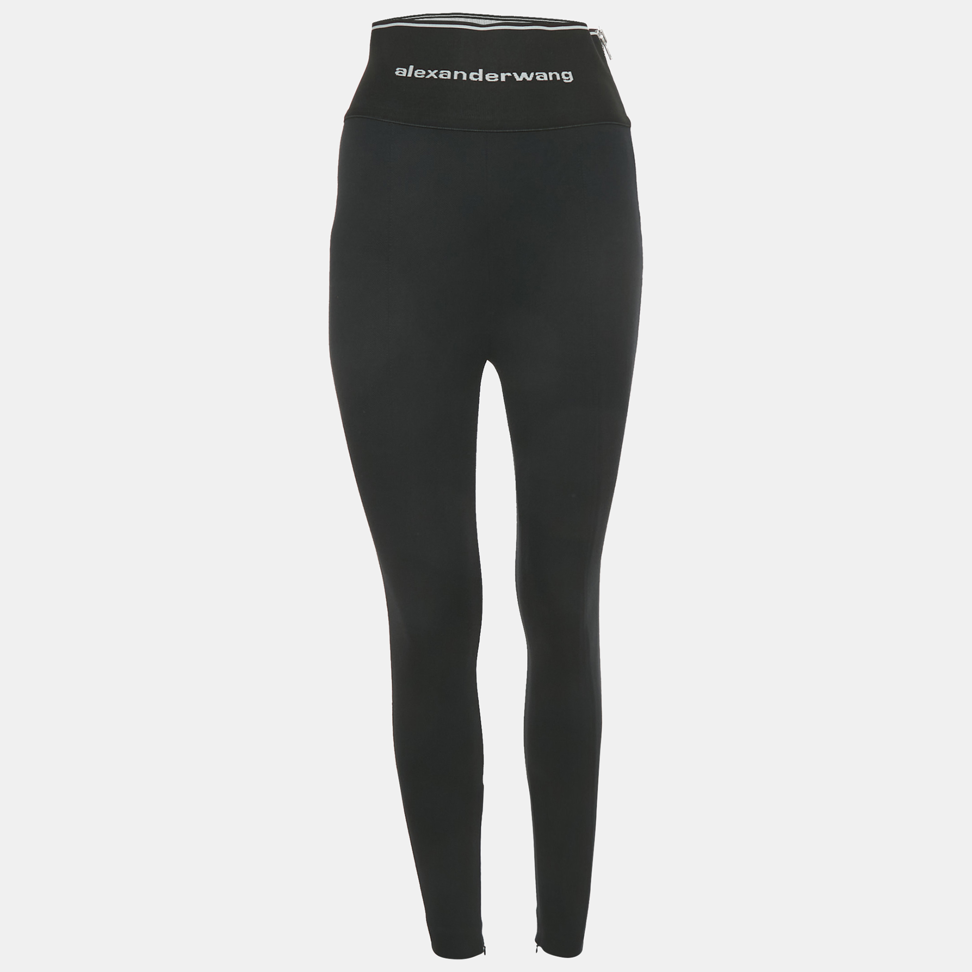 Pre-owned Alexander Wang Black Knit Logo Waist Detail Pants S