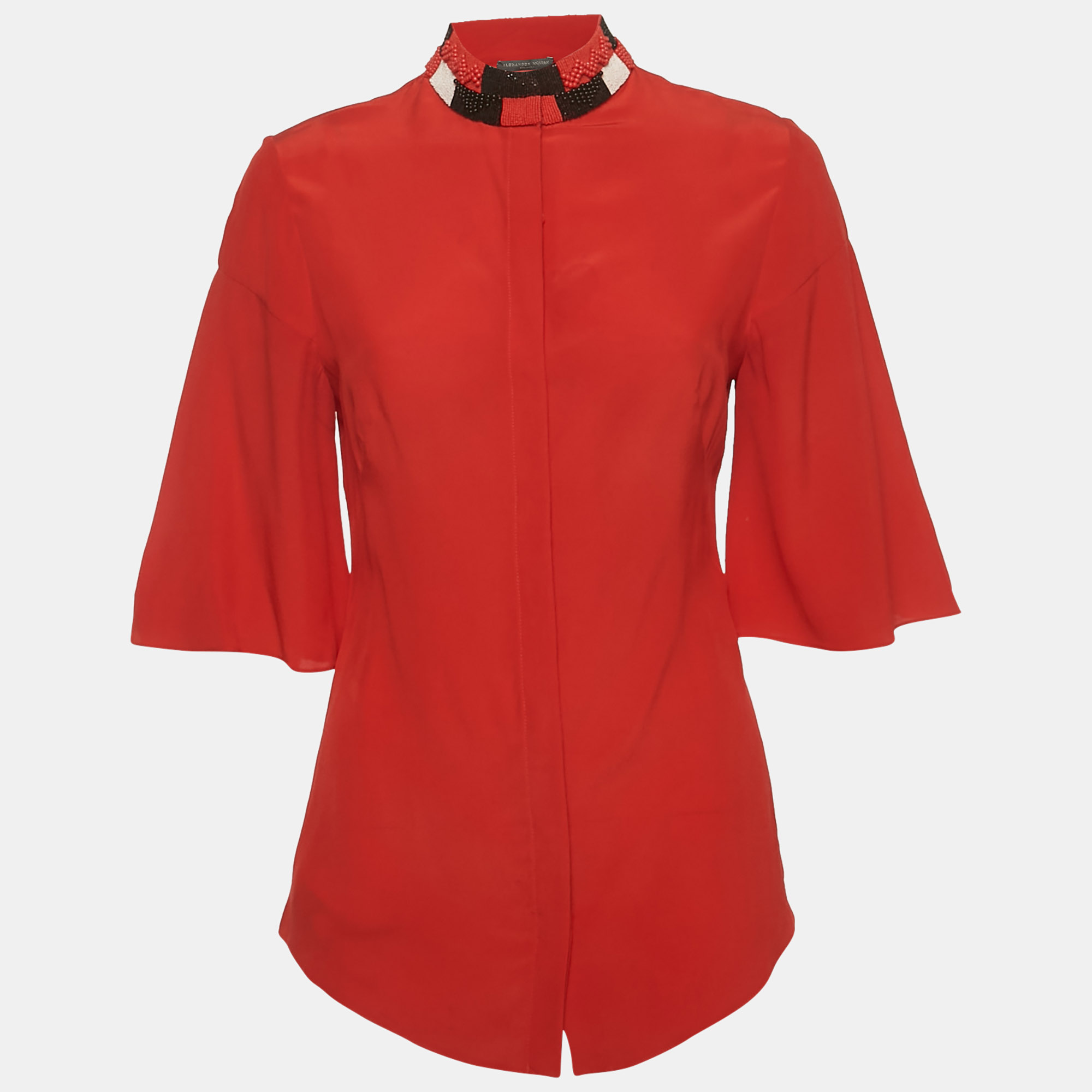 Pre-owned Alexander Mcqueen Red Silk Beaded High Neck Top S