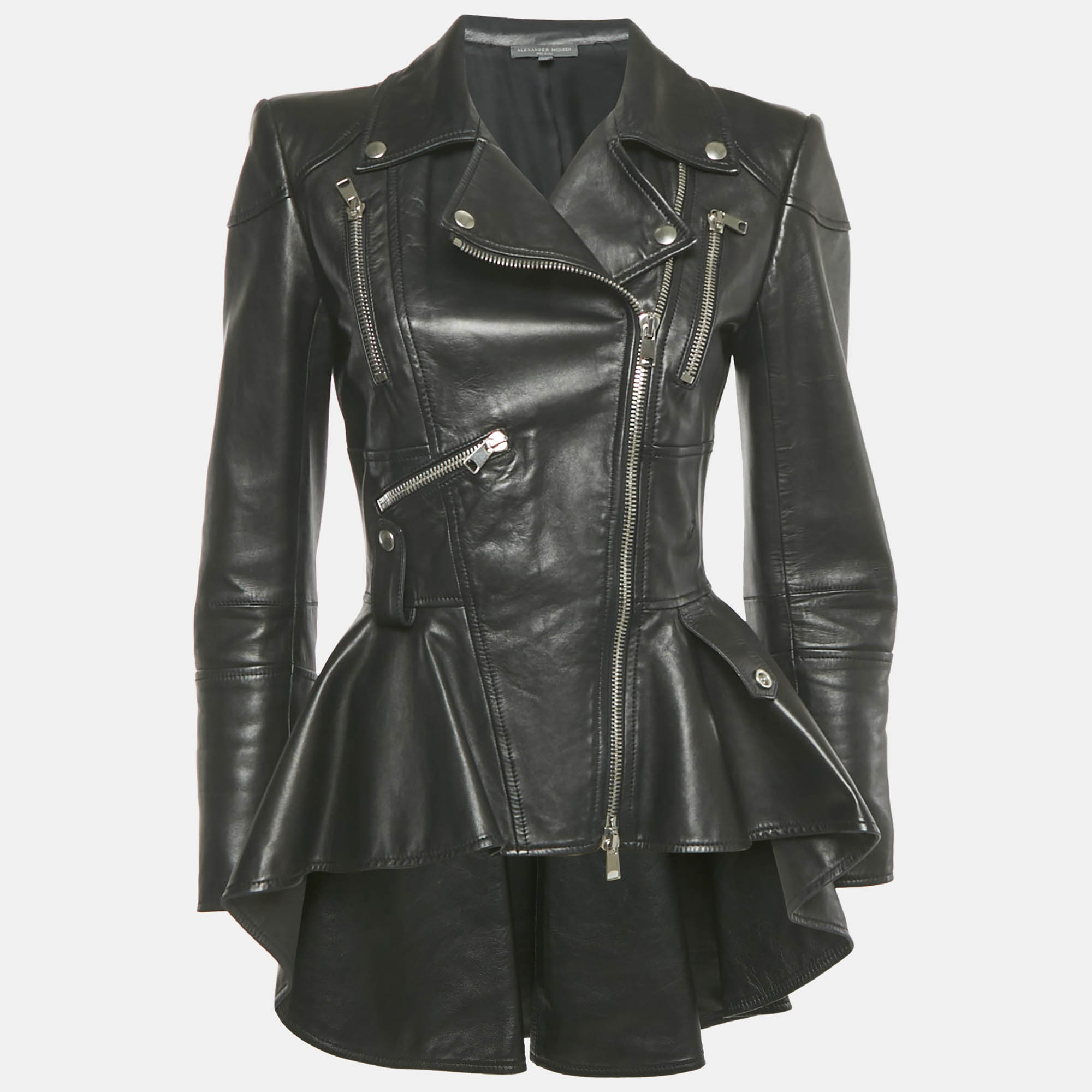 Pre-owned Alexander Mcqueen Black High Low Peplum Leather Jacket M