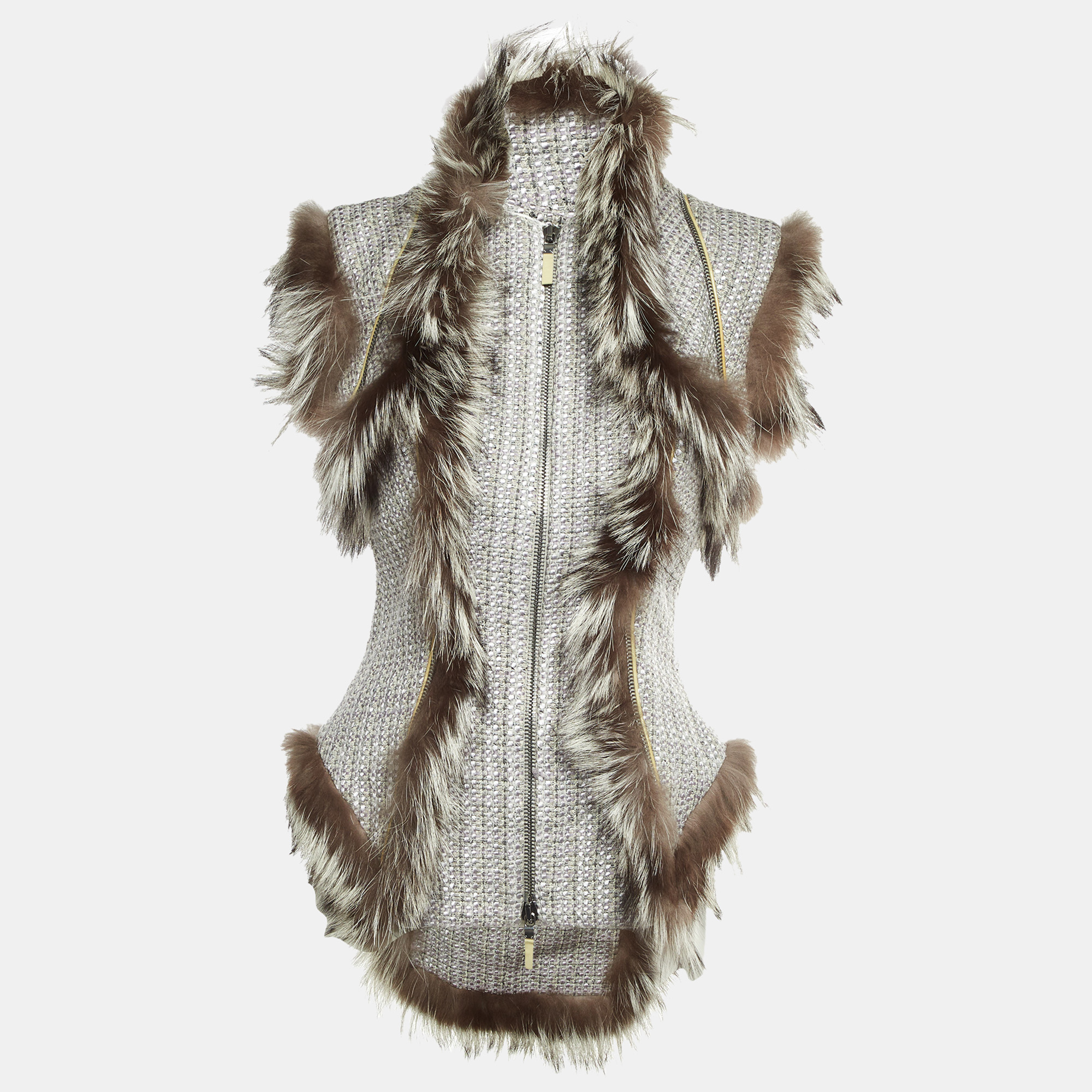 

Alexander McQueen Grey Tweed & Fur Trim Sleeveless Asymmetric Hem Vest M