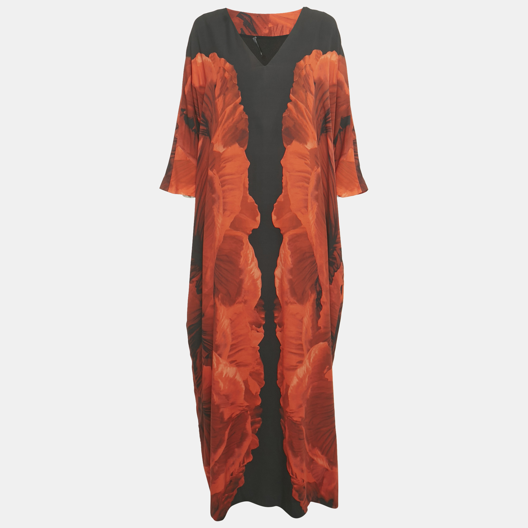 Pre-owned Alexander Mcqueen Black And Orange Floral Print Silk Maxi Dress M