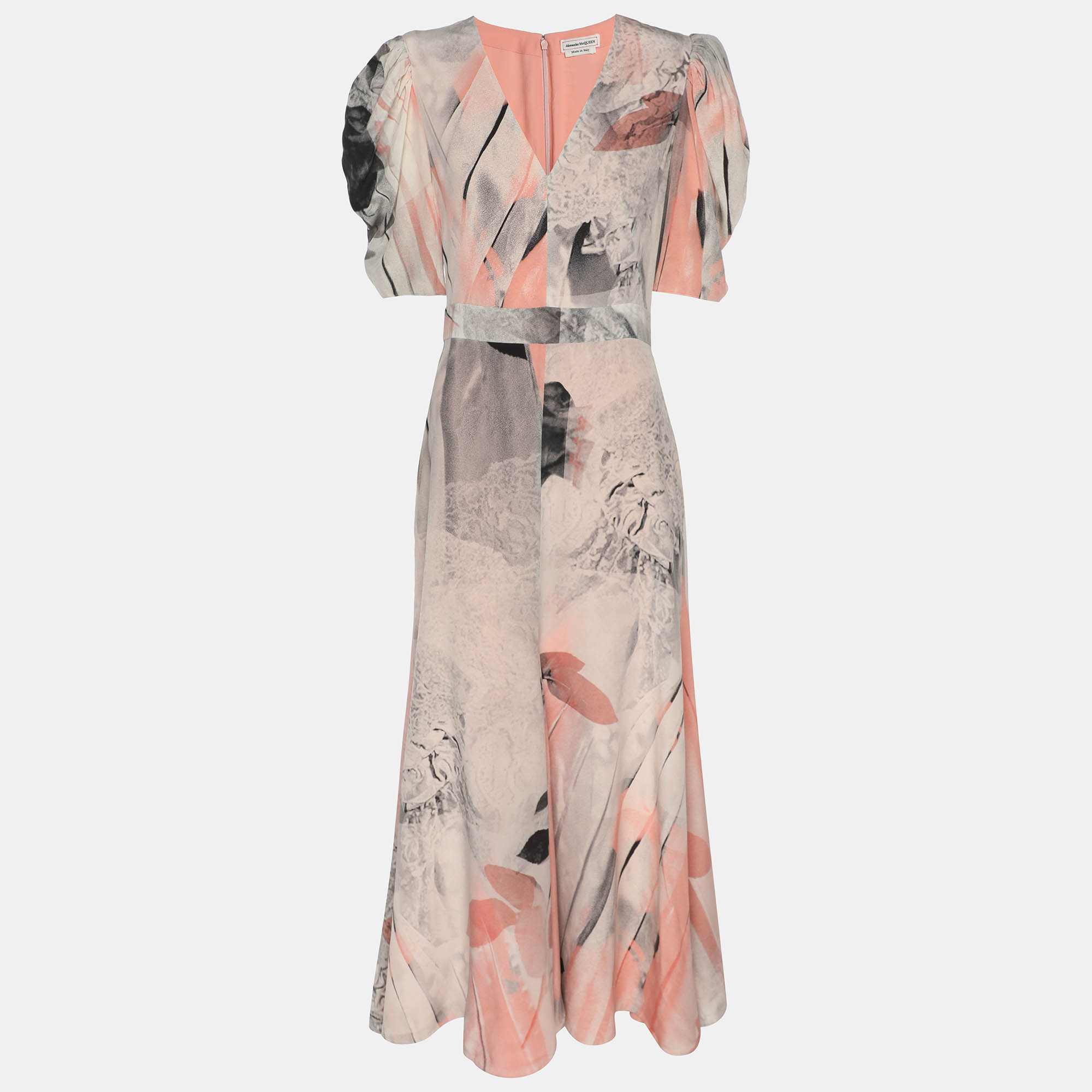 

Alexander McQueen Multicolor Trompe L'Oeil Printed Silk Puff-Sleeve Midi Dress S