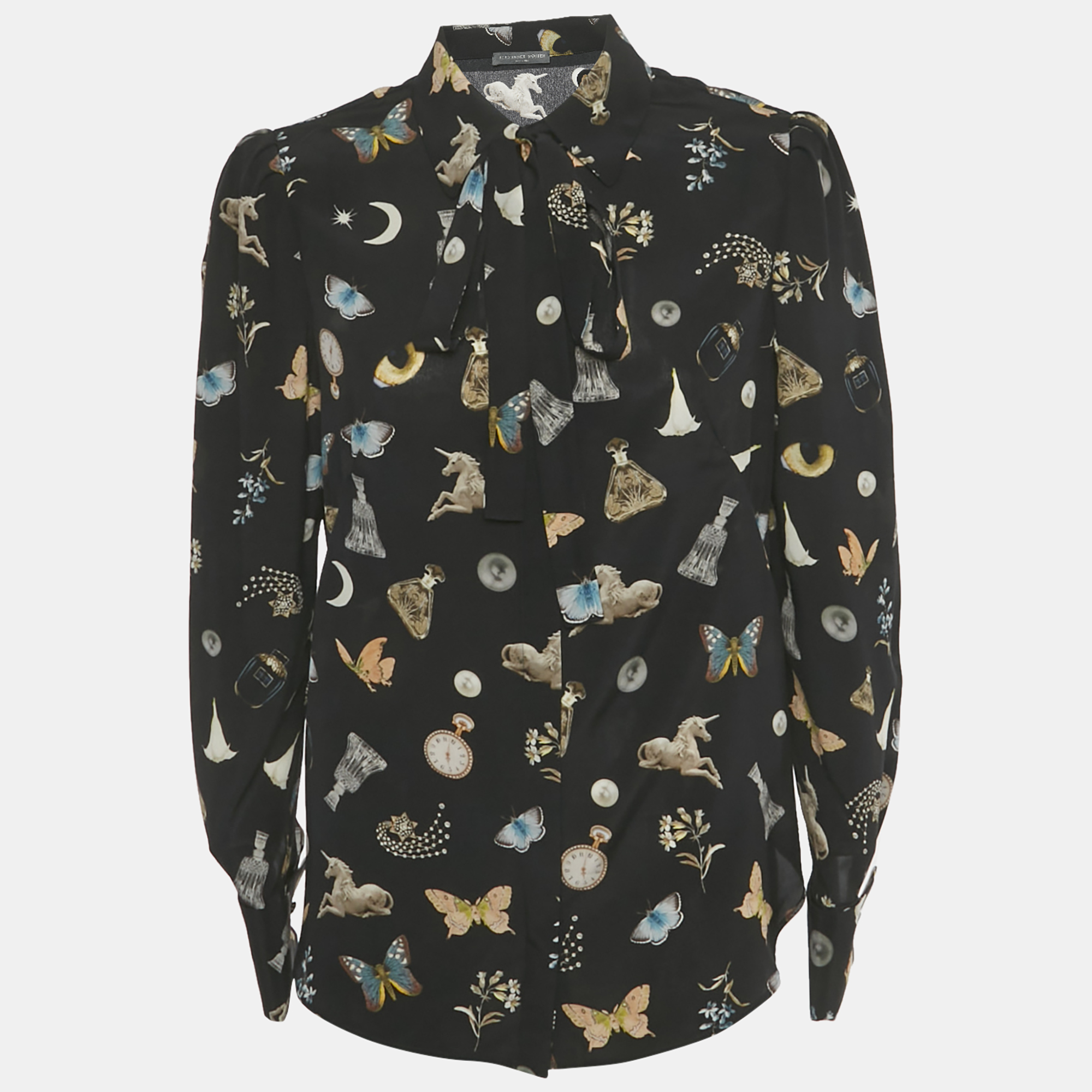 

Alexander McQueen Black Printed Silk Tie Up Neck Blouse M