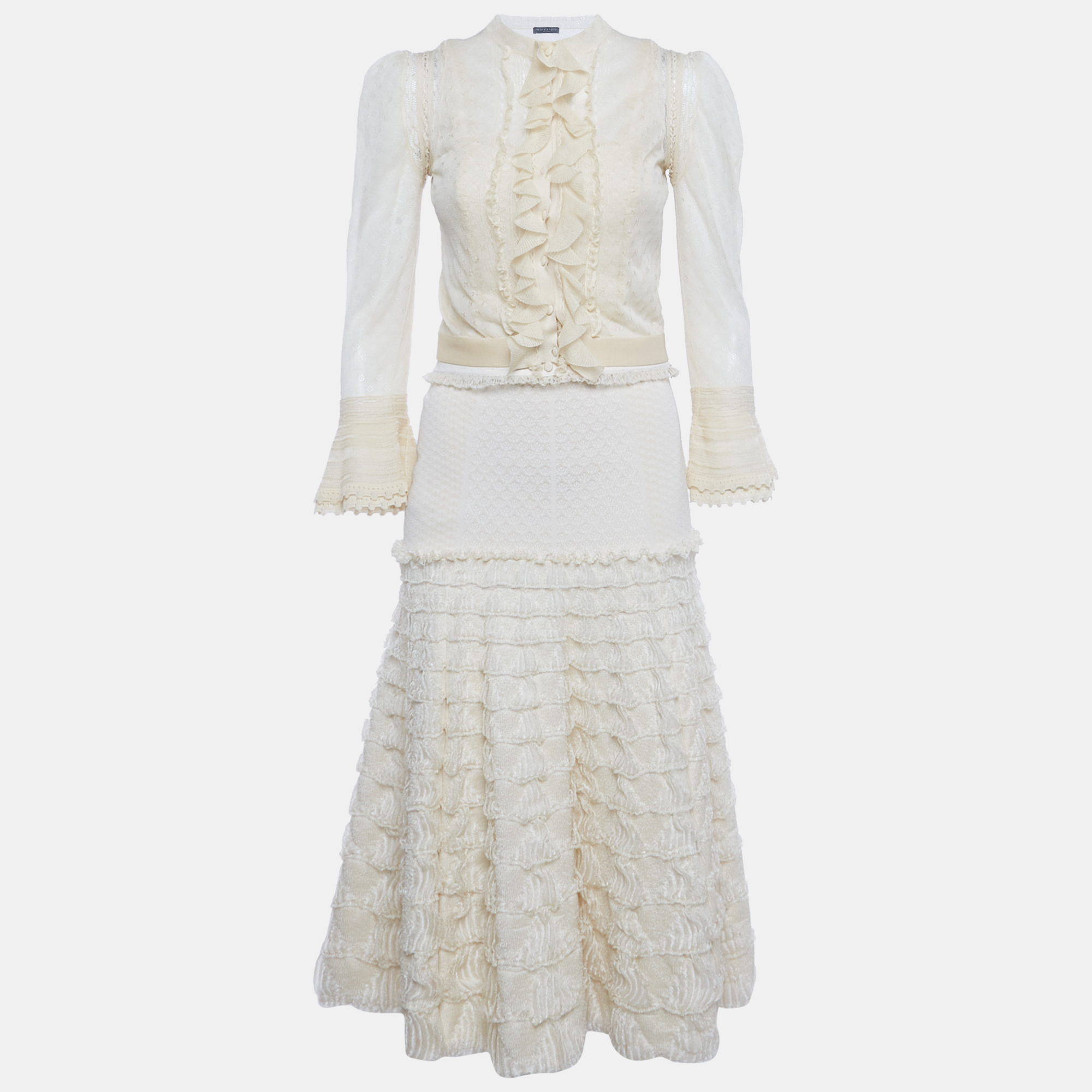 Pre-owned Alexander Mcqueen Cream Jacquard Knit Ruffled 3 Pc Skirt Set S In White