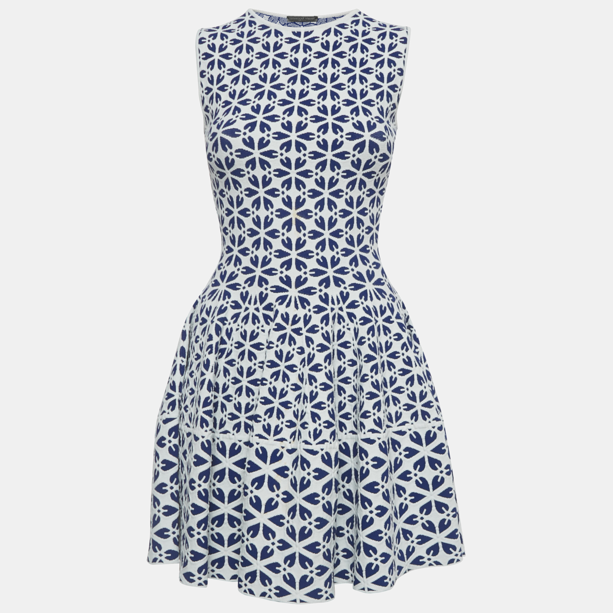 Pre-owned Alexander Mcqueen White/blue Floral Pattern Stretch Knit Mini Dress Xxs