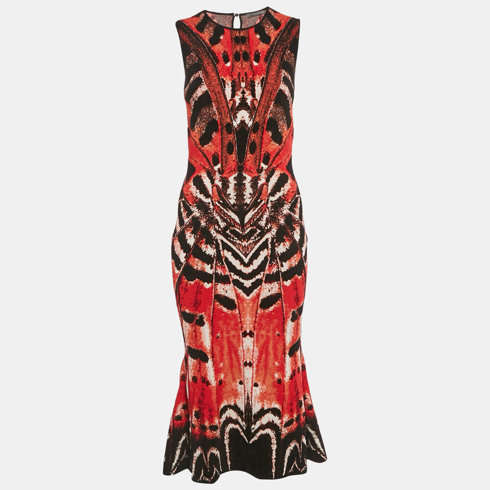 

Alexander McQueen Red Abstract Jacquard Knit Sleeveless Flounce Dress S
