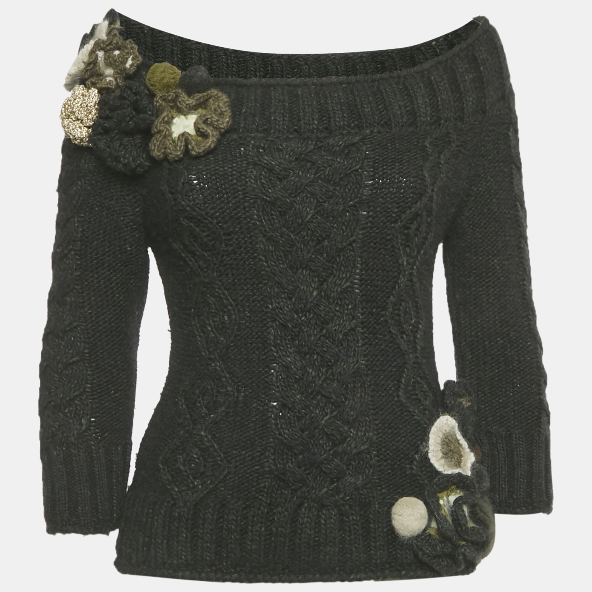 

Alexander McQueen Green Floral Applique Cable Knit Sweater S