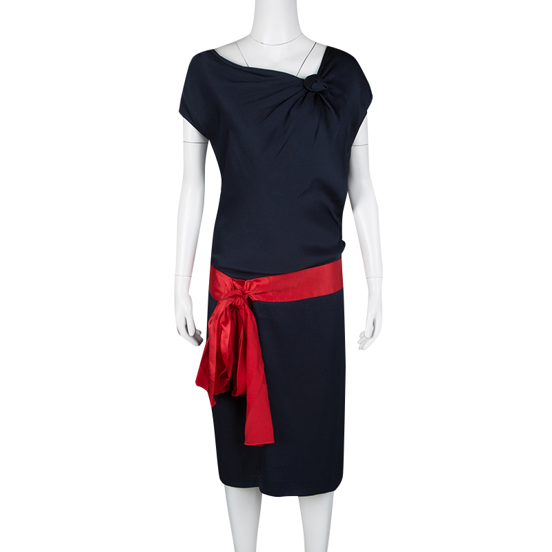 

Alexander McQueen Navy Blue Silk Draped Contrast Tie Detail Sleeveless Dress