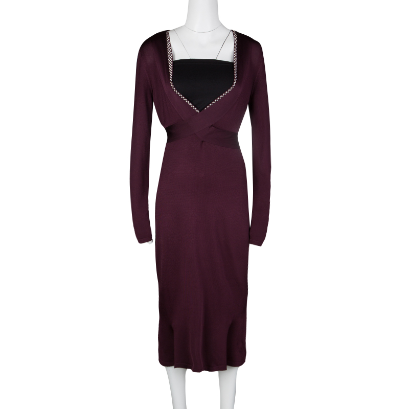 

Alexander McQueen Burgundy Rib Knit Dotted Trim Long Sleeve Dress