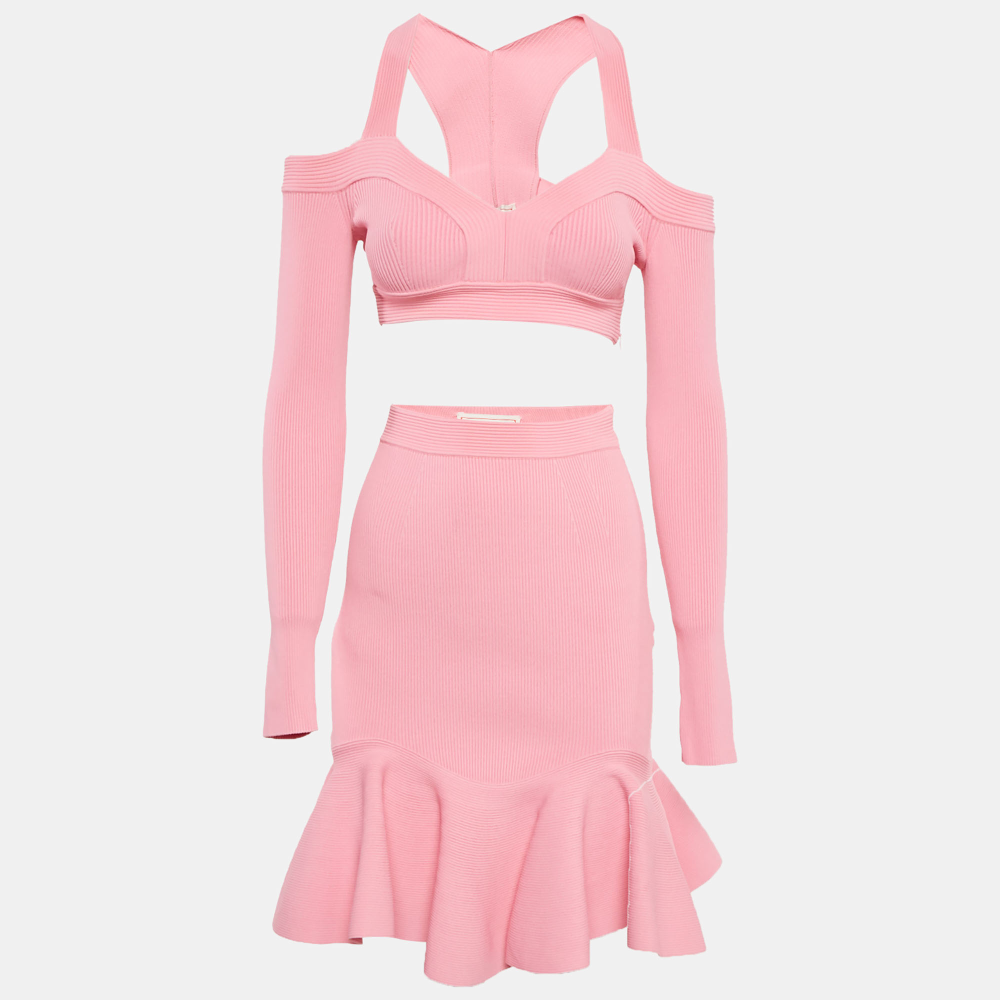 

Alexander McQueen Pink Rib Knit Cut-Out Top and Skirt Set XXS