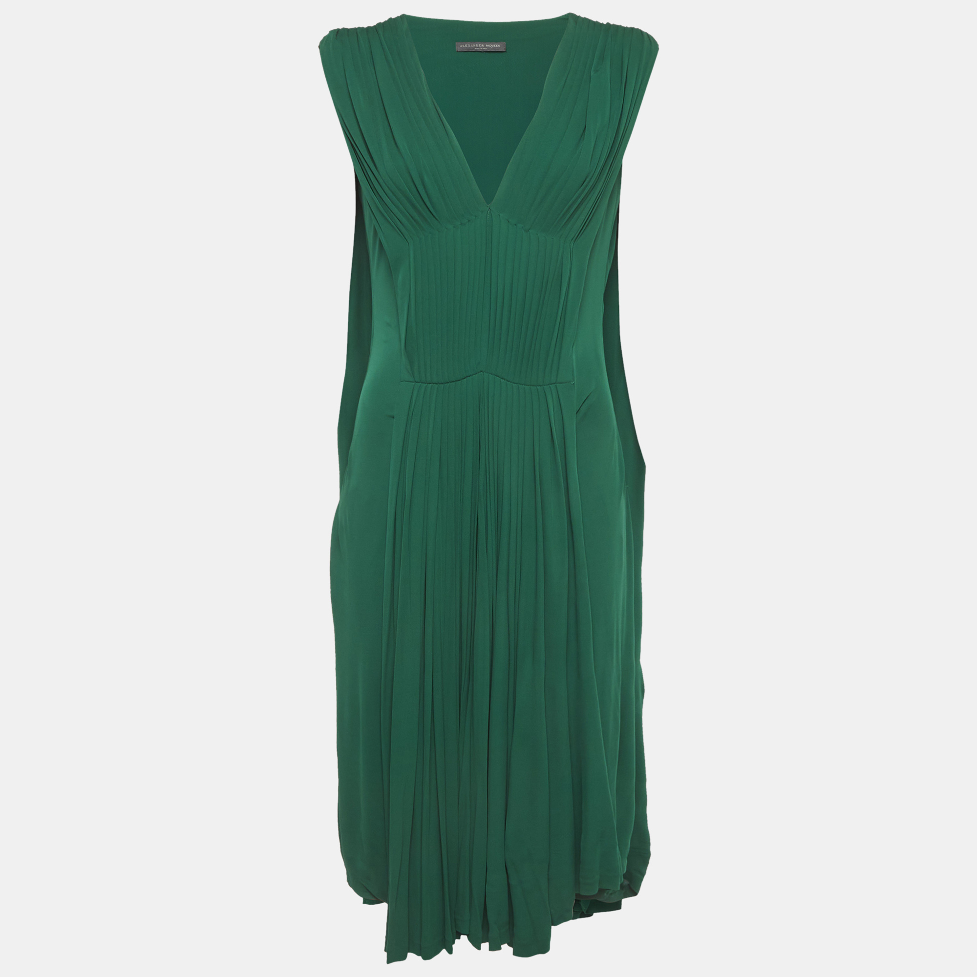 

Alexander McQueen Green Jersey Pleated Sleeveless Midi Dress M