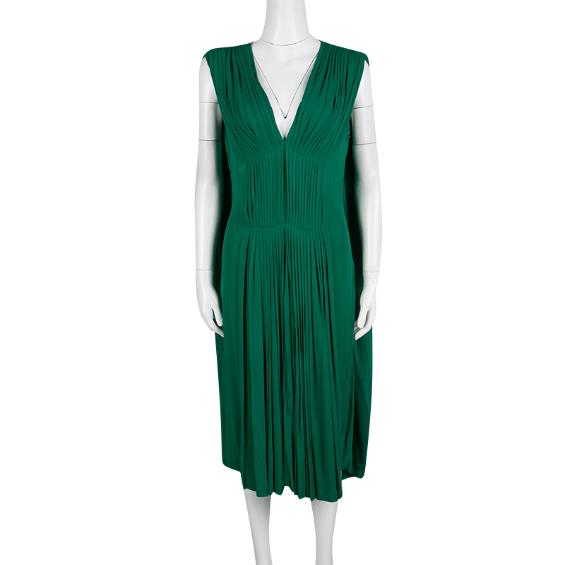 

Alexander McQueen Emerald Green Knit Pleated Sleeveless Midi Dress
