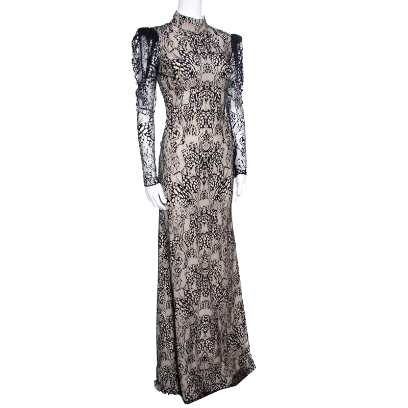 

Alexander McQueen Beige and Black Backless Butterfly Lace Gown