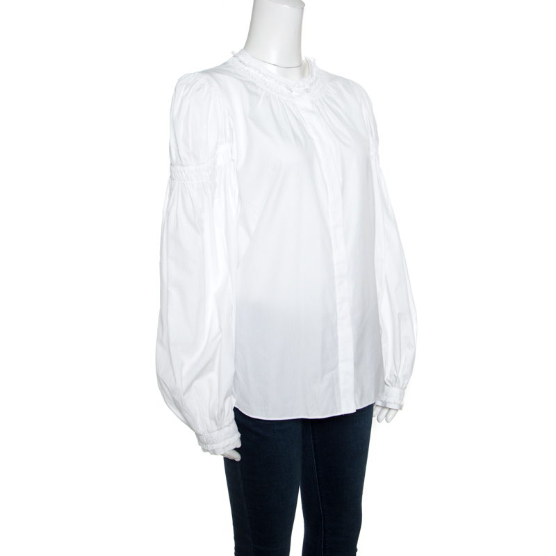 Pre-owned Alexander Mcqueen White Ruffled Gathered Trim Detail Long Sleeve Blouse M