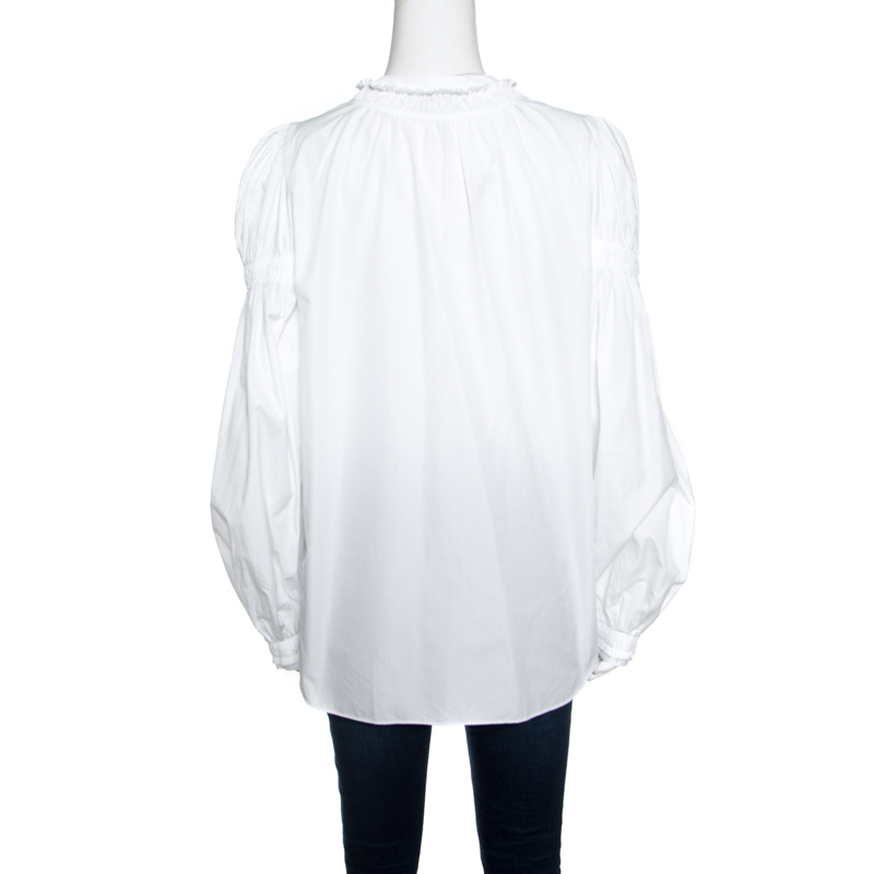 Pre-owned Alexander Mcqueen White Ruffled Gathered Trim Detail Long Sleeve Blouse M