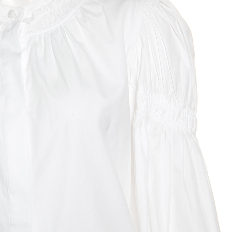 Pre-owned Alexander Mcqueen White Ruffled Gathered Trim Detail Long Sleeve Blouse M
