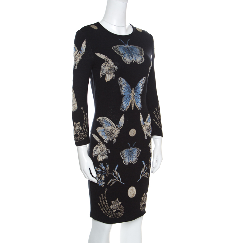 

Alexander McQueen Black Lurex Jacquard Knit Butterfly Pattern Obsession Dress