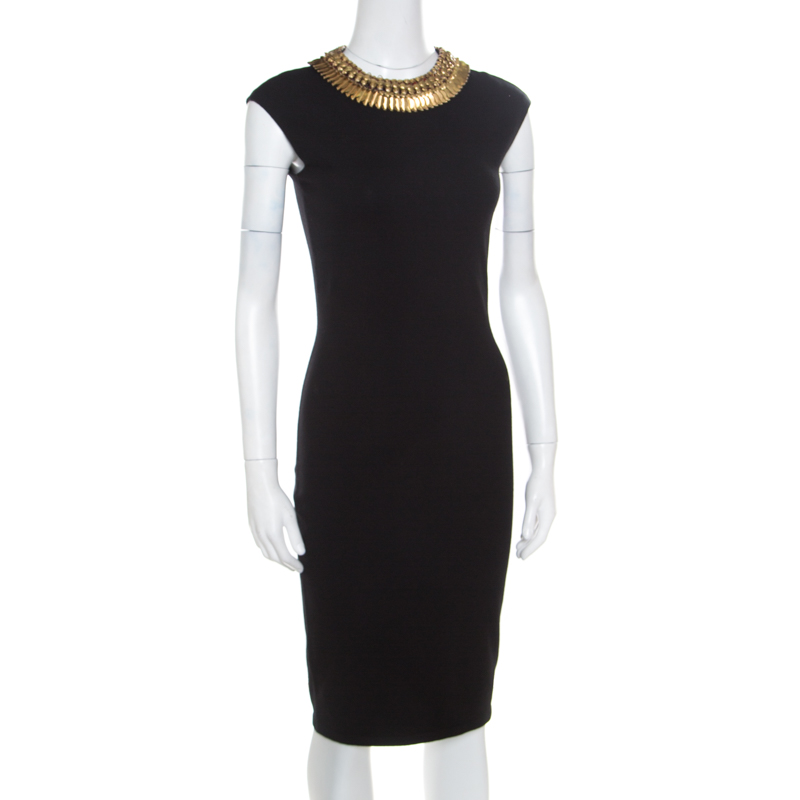 

Alexander McQueen Black Stretch Wool Embellished Neck Sleeveless Bodycon Dress