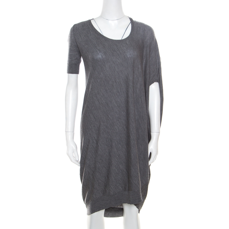 

Alexander McQueen Grey Melange Wool Asymmetric Sleeve Oversized Shift Dress