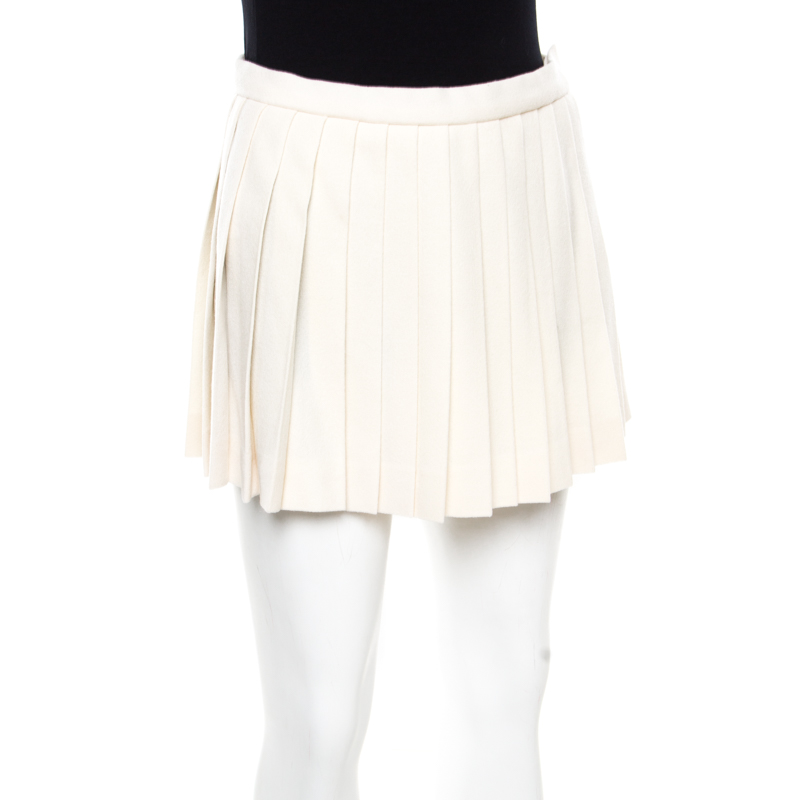 

Alexander McQueen Ecru Fleece Wool Accordion Pleated Mini Skirt, Cream