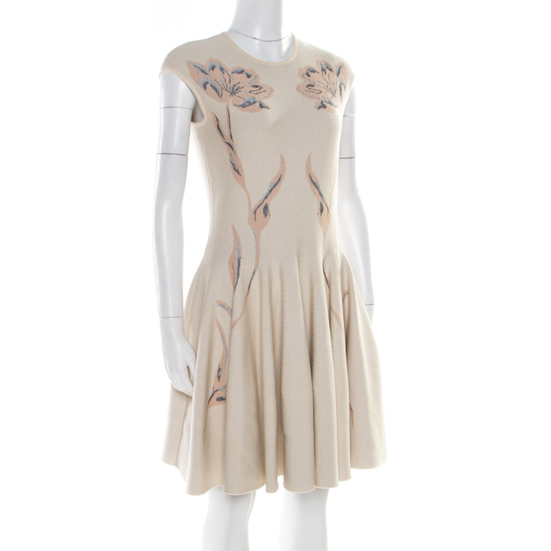 

Alexander McQueen Beige Wool Floral Jacquard Lurex Knit Fit and Flare Dress