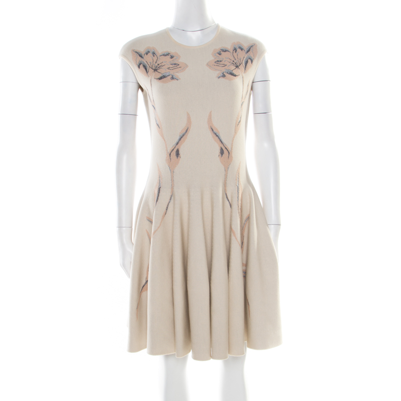 Alexander McQueen Beige Wool Floral Jacquard Lurex Knit Fit and Flare Dress L