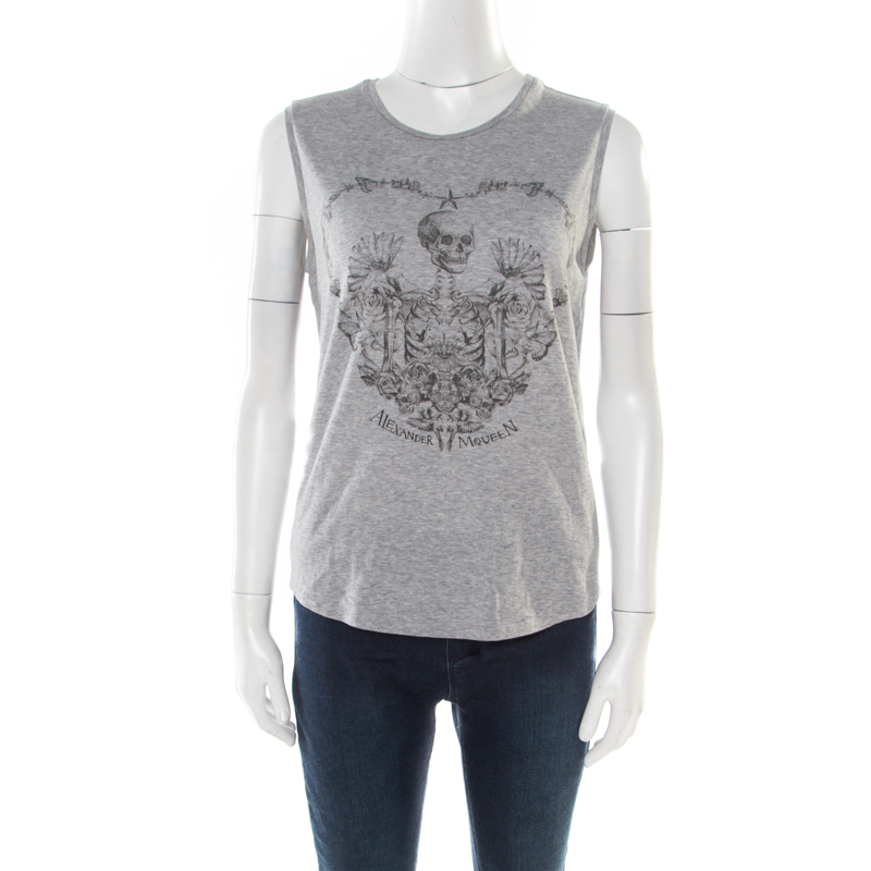 Pre Owned Alexander McQueen Grey Skeleton Printed Cotton Jersey Tank Top S