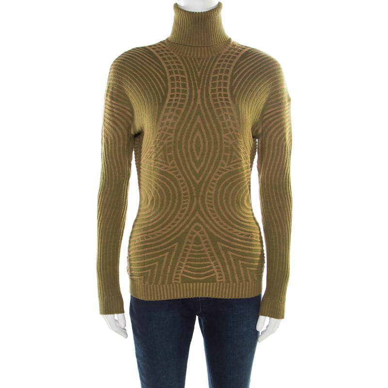 Alexander McQueen Green Patterned Knit Wool Turtleneck Sweater L
