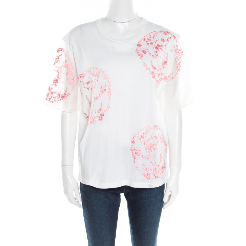 

Alexander McQueen White Cotton Floral Embroidered Silk Sleeve Detail Oversized T-Shirt S