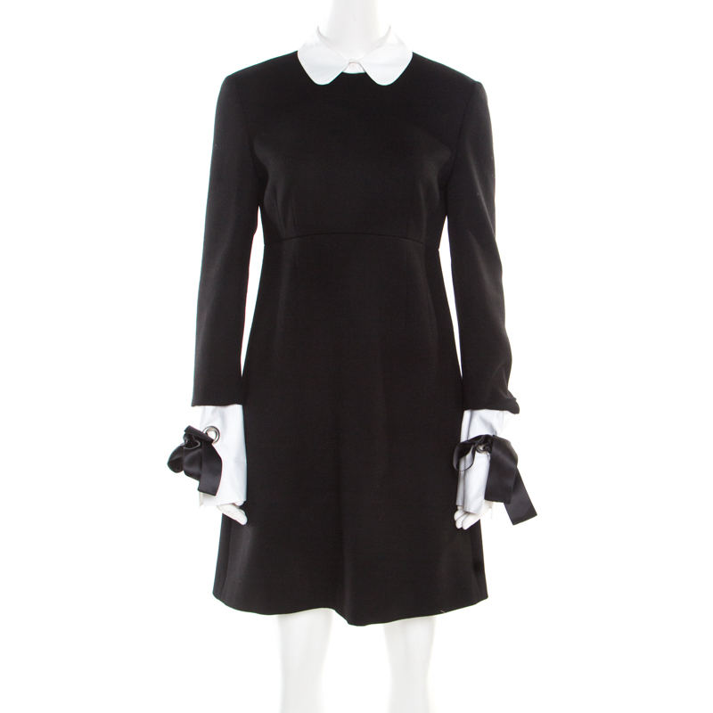 Alexander McQueen Black Wool Contrast Trim Peter Pan Collar Sheath Dress M