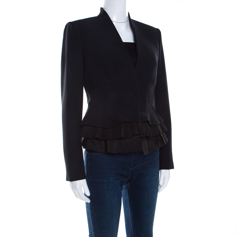 

Alexander McQueen Black Leaf Crepe Pleated Bottom Structured Jacket