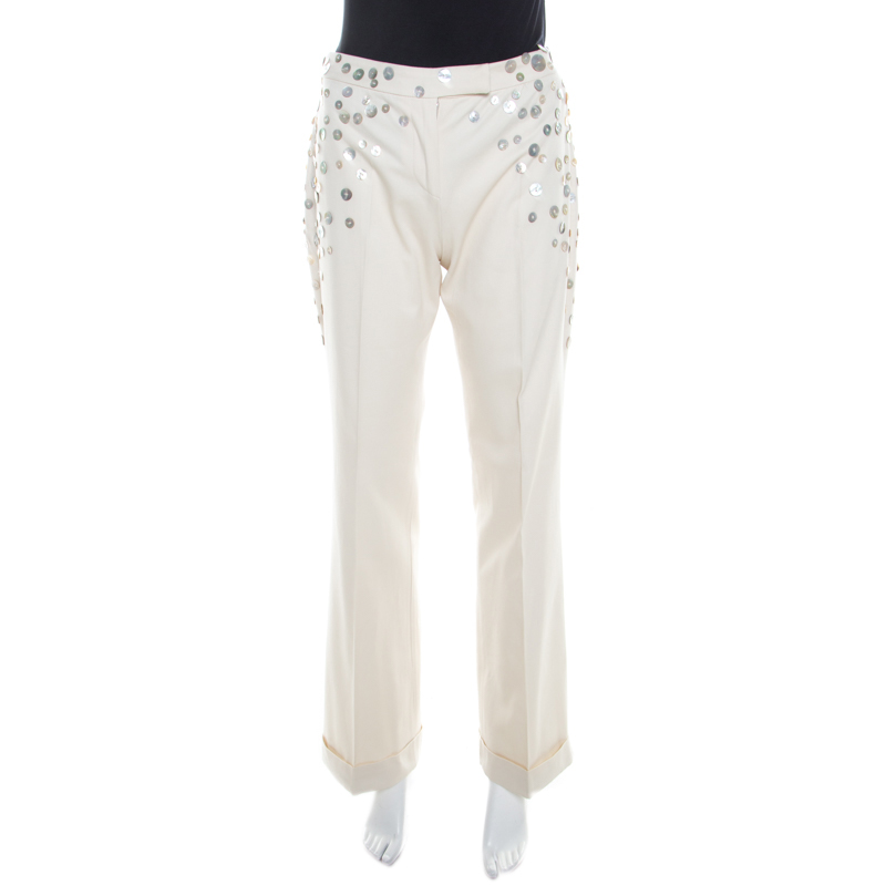 Pre Owned Alexander McQueen Beige Cotton Mother of Pearl Button Embellished Flared Trousers M