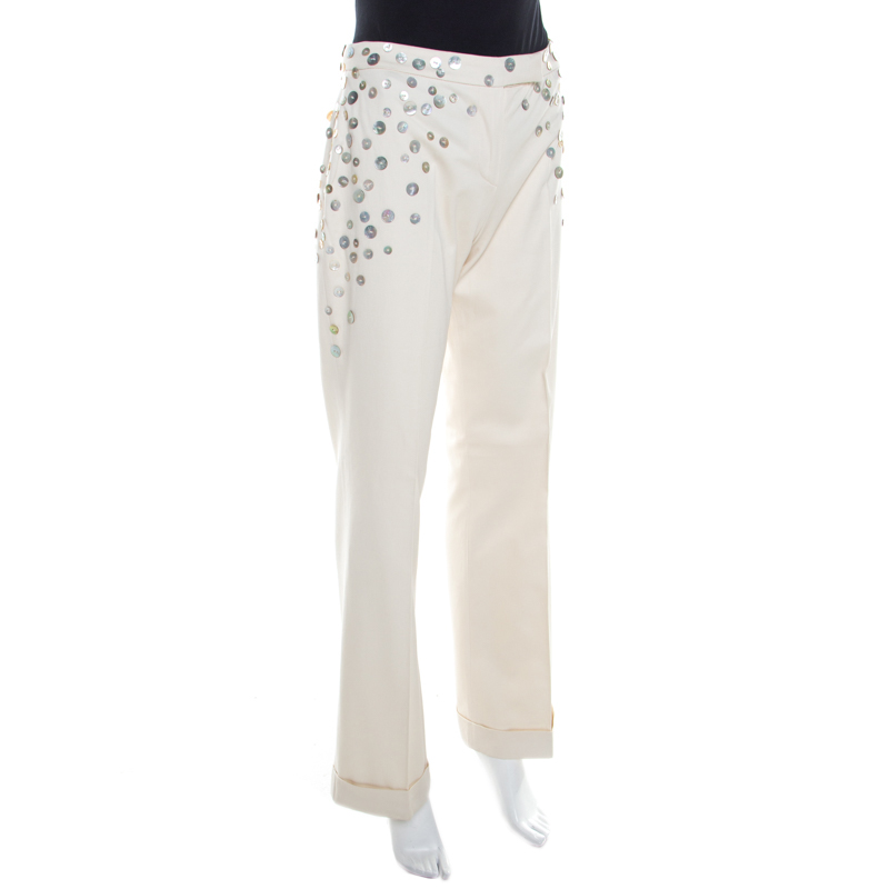 

Alexander McQueen Beige Cotton Mother of Pearl Button Embellished Flared Trousers