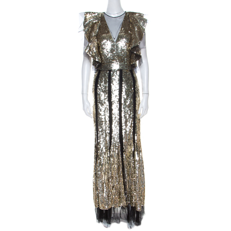 Pre-owned Alexander Mcqueen Gold Sequin & Tulle Ruffle Detail Gown S