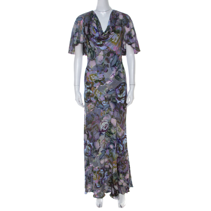 Pre Owned Alexander McQueen Multicolor Floral Printed Cowl Neck Maxi Dress S